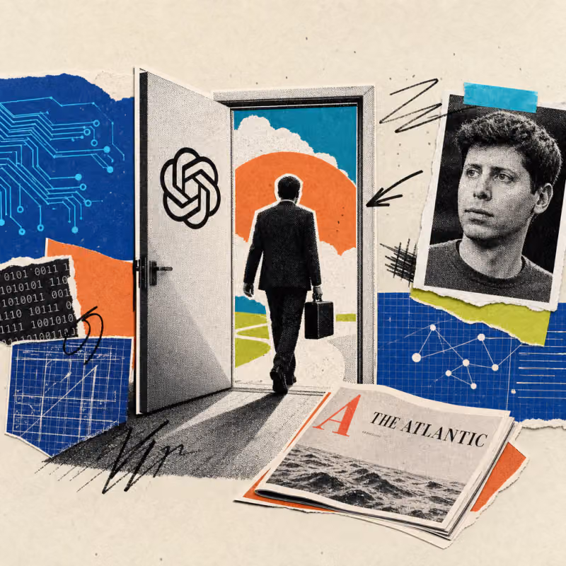 Eine Silhouette mit Aktenkoffer verlässt ein Bürogebäude mit OpenAI-Logo, davor liegt ein aufgeschlagenes Magazin mit der Aufschrift The Atlantic.