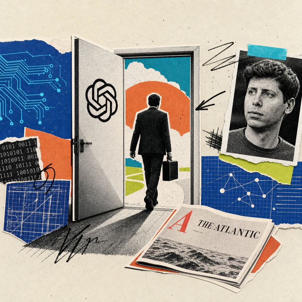 Eine Silhouette mit Aktenkoffer verlässt ein Bürogebäude mit OpenAI-Logo, davor liegt ein aufgeschlagenes Magazin mit der Aufschrift The Atlantic.