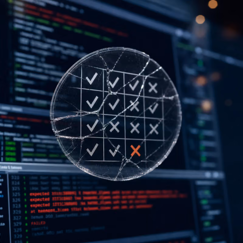 Abstraktes Motiv: ein zerbrochenes, transparentes Prüfsiegel schwebt über einer Reihe von Code-Terminal-Fenstern, feine Risslinien durchziehen ein Raster aus Häkchen und Kreuzen