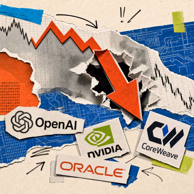 Ein roter Abwärtspfeil durchschlägt eine Börsenkurve, darunter liegen verstreut die Logos von OpenAI, Nvidia, Oracle und CoreWeave.