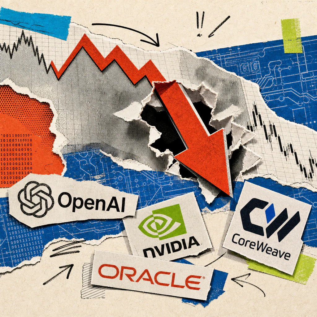 Ein roter Abwärtspfeil durchschlägt eine Börsenkurve, darunter liegen verstreut die Logos von OpenAI, Nvidia, Oracle und CoreWeave.