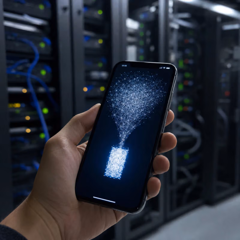 Ein iPhone mit einer leuchtenden, sich verdichtenden neuronalen Netzwerkstruktur auf dem Display vor unscharfen Rechenzentrum-Servern im Hintergrund, Symbolbild zu PrismMLs komprimiertem KI-Modell Bonsai 27B.