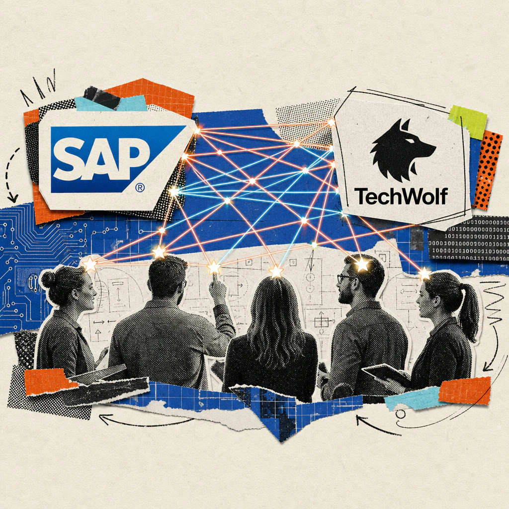 Das SAP-Logo und ein Wolfssymbol mit dem Schriftzug TechWolf sind durch ein Netz aus leuchtenden Fäden verbunden, das sich über Büro-Figuren spannt.