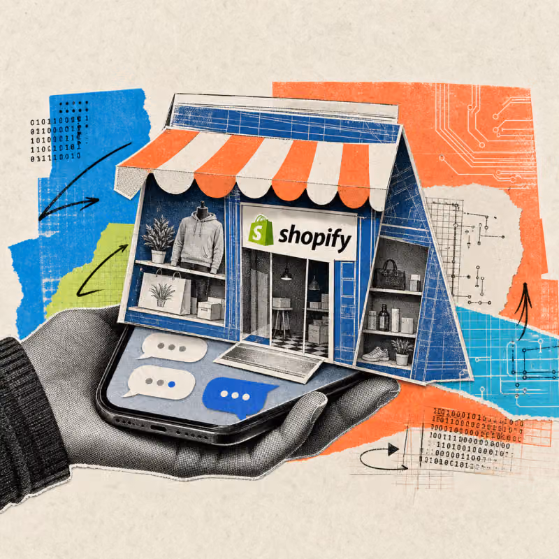 Aus Chat-Sprechblasen auf einem Smartphone baut sich eine Online-Shop-Fassade mit Schaufenster auf, am Eingang klebt ein Shopify-Logo-Sticker