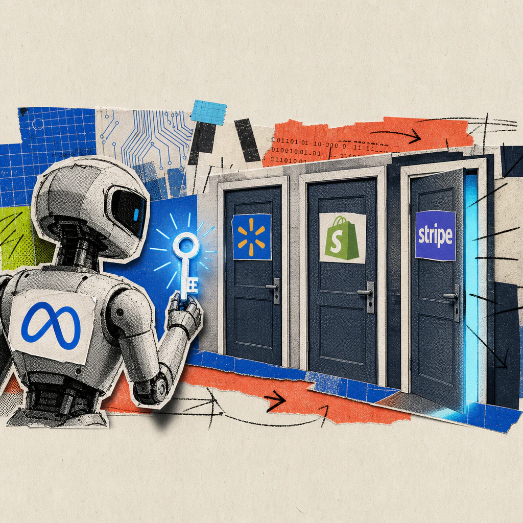 Ein Roboter mit aufgeklebtem Meta-Logo hält einen leuchtenden Schlüssel vor mehrere Ladentüren, auf denen die Logos von Walmart, Shopify und Stripe kleben.