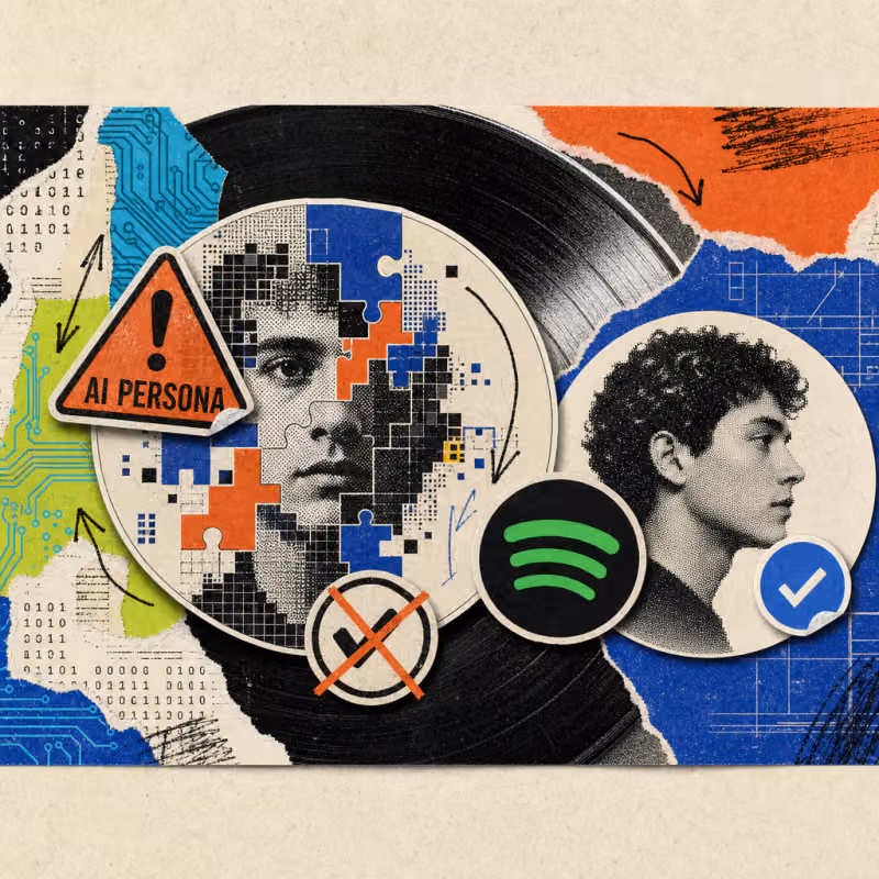 Ein Spotify-Interpretenprofil mit einem fotorealistischen, aber erkennbar zusammengesetzten Gesicht trägt einen auffälligen „AI Persona“-Sticker, während daneben eine unversehrte zweite Profilkarte ein „Verified by Spotify“-Häkchen zeigt.