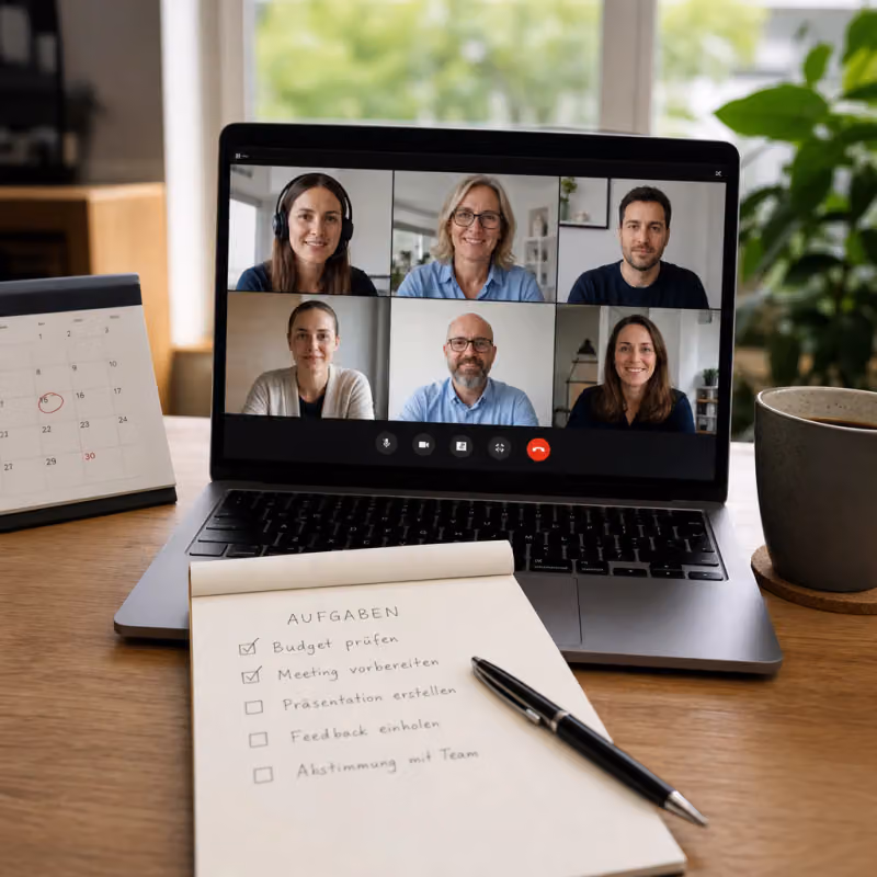 Schreibtisch mit Laptop, auf dessen Bildschirm eine Videokonferenz mit mehreren Teilnehmer-Kacheln läuft, daneben ein Notizblock mit teilweise abgehakter Aufgabenliste und ein Kalenderblock.