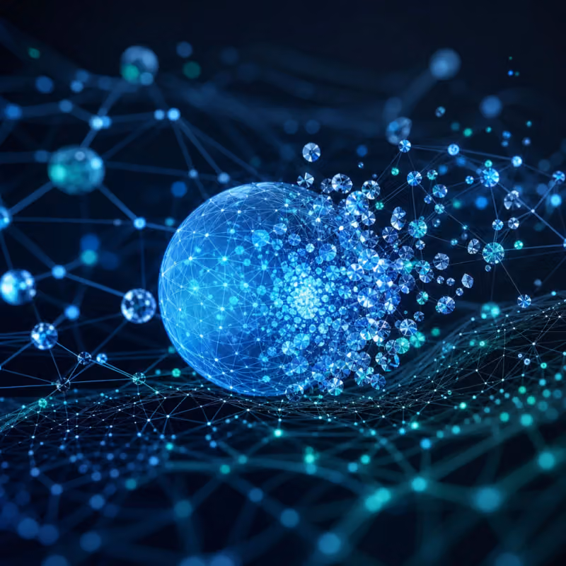 Abstrakte geometrische Darstellung eines Mixture-of-Experts-Netzwerks mit vernetzten Knoten und fragmentierender Sphäre