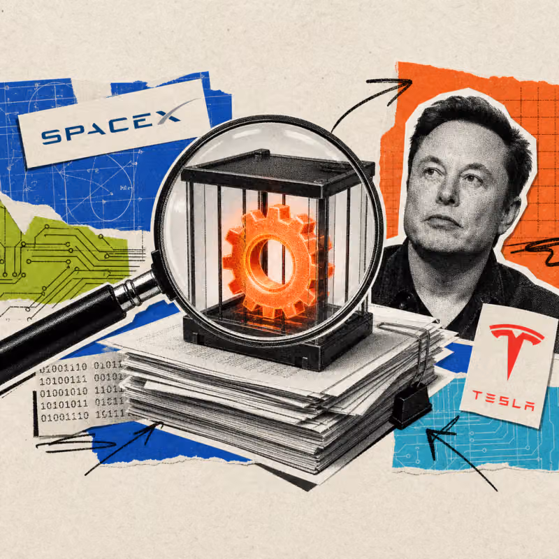 Eine Lupe vergrößert ein leuchtendes Zahnrad, das in einem kleinen Glaskäfig auf einem Stapel Fachpapiere eingesperrt ist.