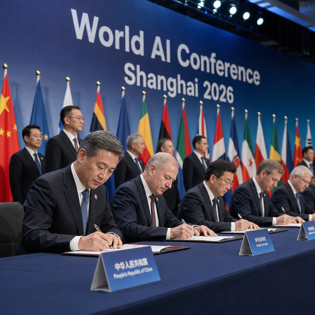 Delegierte unterzeichnen an einem langen Tisch die Gründungsurkunde der World AI Cooperation Organization in Shanghai, im Hintergrund Nationalflaggen mehrerer Staaten und ein Bühnenbanner der World AI Conference 2026