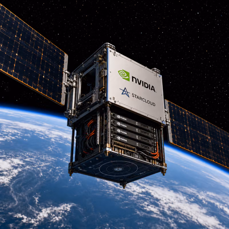 Satellit mit ausgeklappten Solarpaneelen und GPU-Servermodul im Erdorbit über der blauen Erde, Sternenhimmel im Hintergrund.