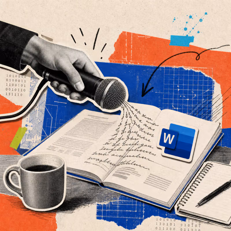 Eine Hand hält ein Mikrofon über ein Word-Dokument auf einem Schreibtisch, aus dem gesprochene Wörter als Textzeilen auf das Papier fließen, daneben ein Microsoft-Word-Logo.