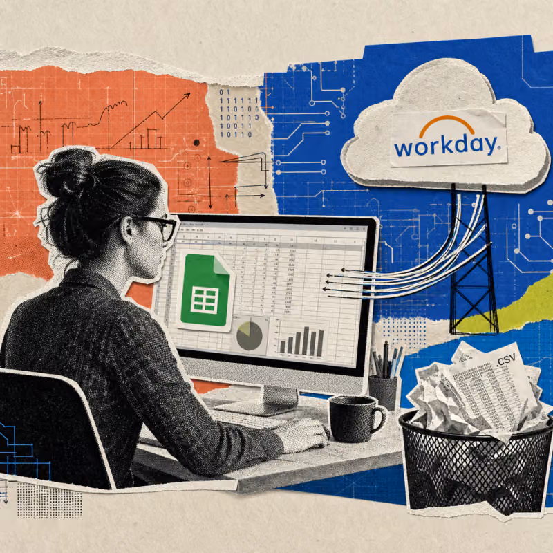 Eine Finanzanalystin verbindet eine Tabelle per Datenbrücke mit einer Workday-Wolke, während zerknüllte CSV-Ausdrucke im Papierkorb landen.