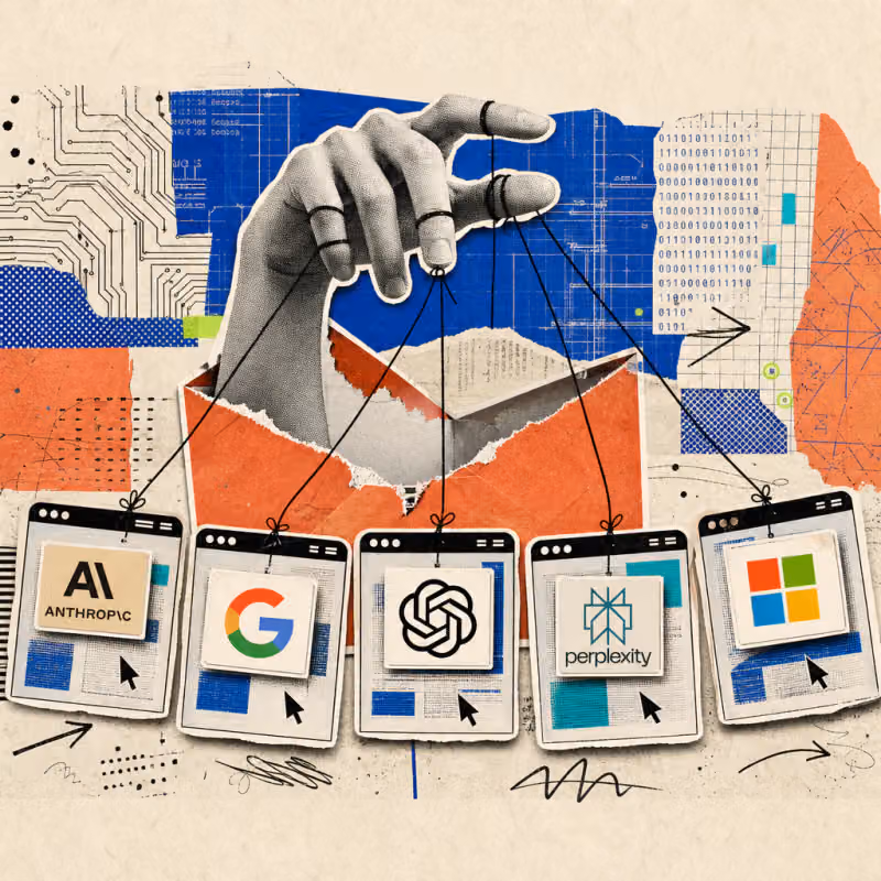 Eine Hand wächst aus einem aufgerissenen E-Mail-Umschlag und hält unsichtbare Fäden zu fünf schwebenden Browser-Fenstern mit den Logos von Anthropic, Google, OpenAI, Perplexity und Microsoft.