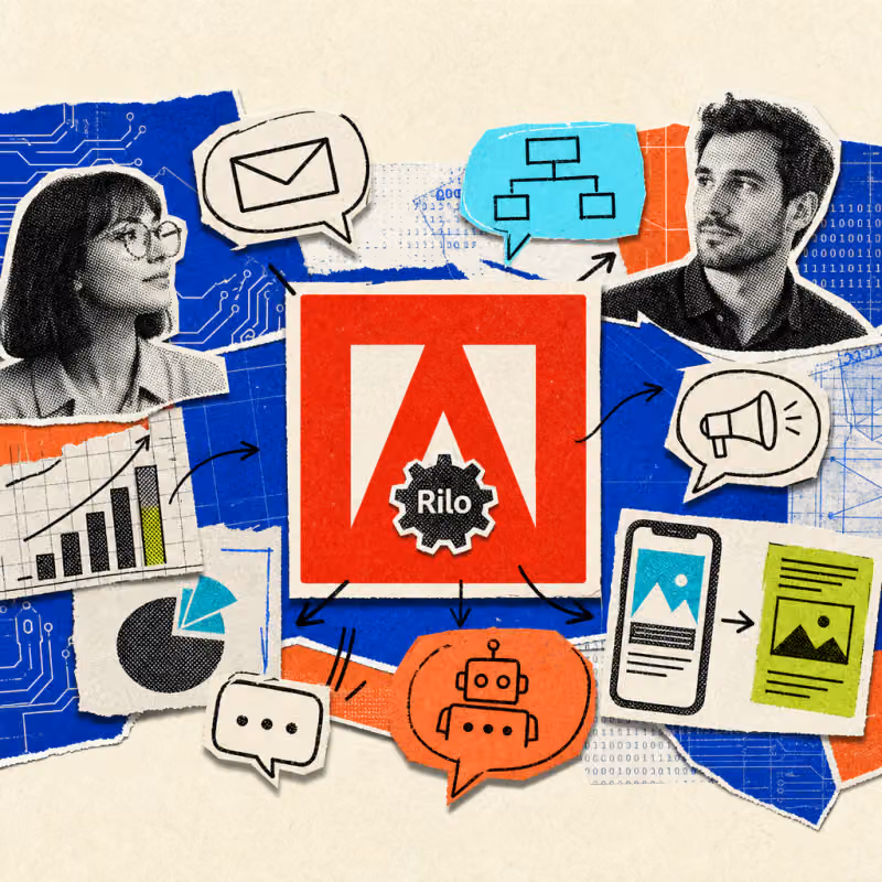 The Adobe logo integrates a small gear symbol labeled Rilo, surrounded by arrows and speech bubbles representing automated marketing workflows.