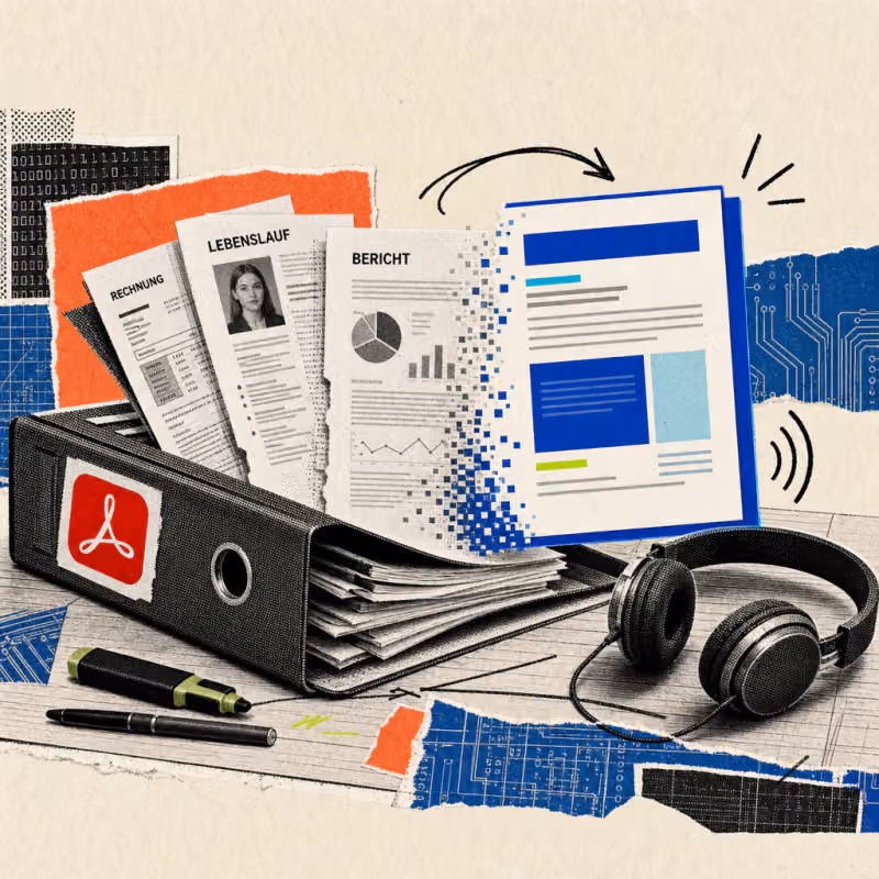 A filing folder with an invoice, resume, and report on a desk, one page transforming into a colorful template layout, next to headphones with sound waves and a red Adobe Acrobat logo sticker on the folder