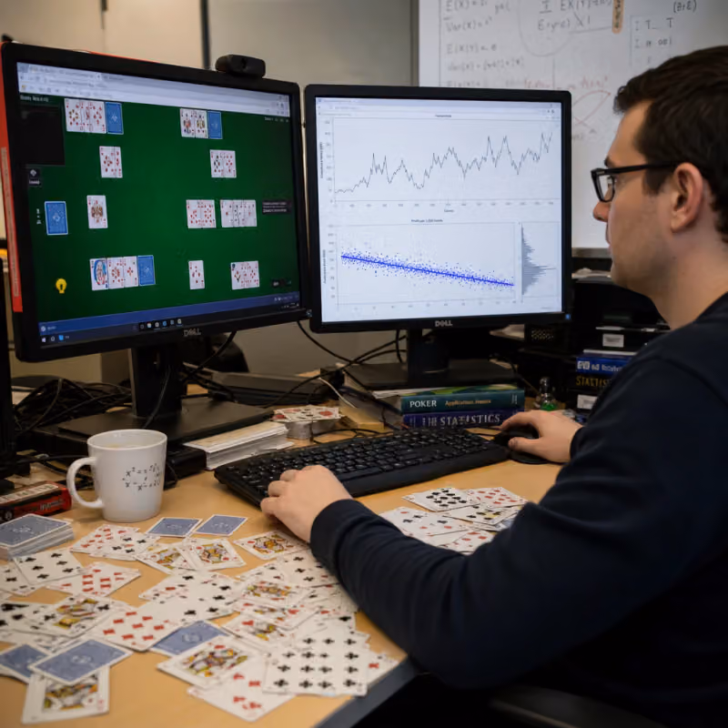 Workstation with two monitors showing a digital card game and rising win-rate charts, playing cards scattered on the desk.