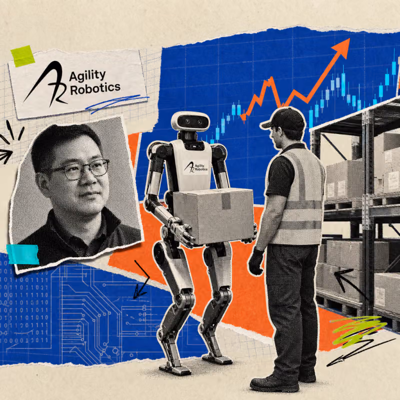 A humanoid robot in the Digit design lifts a box next to a warehouse worker with no safety fence between them; a rising stock chart is visible in the background.