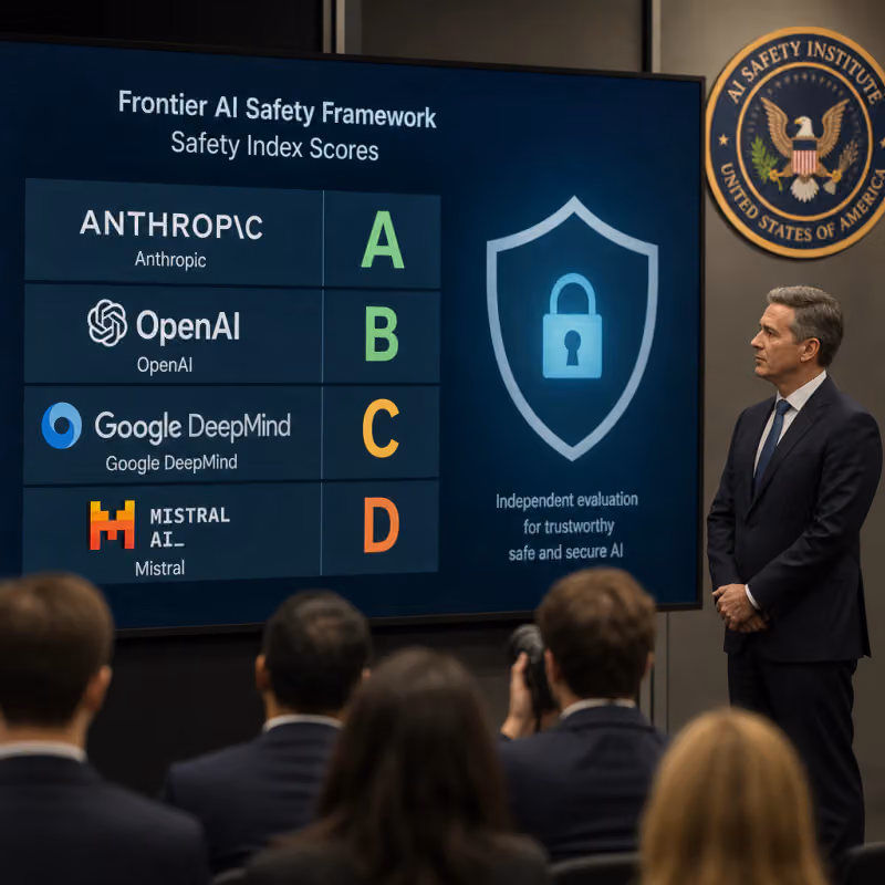 Symbolic scoreboard with safety grades from A to F for AI companies such as Anthropic, OpenAI, Google DeepMind, and Mistral