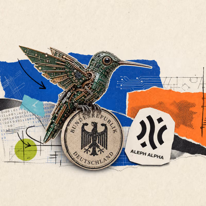 A mechanical hummingbird made of circuit boards sits on an official seal with the federal eagle, next to an Aleph Alpha logo sticker