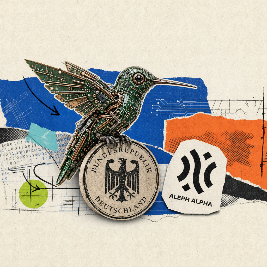A mechanical hummingbird made of circuit boards sits on an official seal with the federal eagle, next to an Aleph Alpha logo sticker