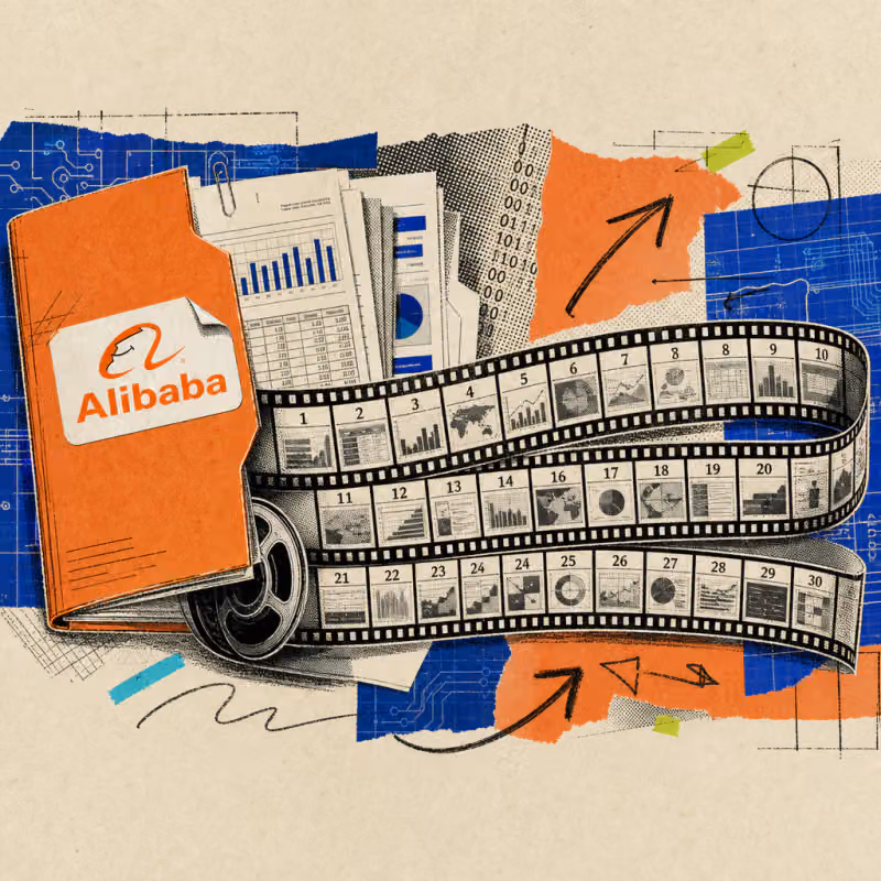 An Alibaba logo sticker is attached to an open binder, from which a film strip with small numbered frames unrolls between excerpts of spreadsheets and slides