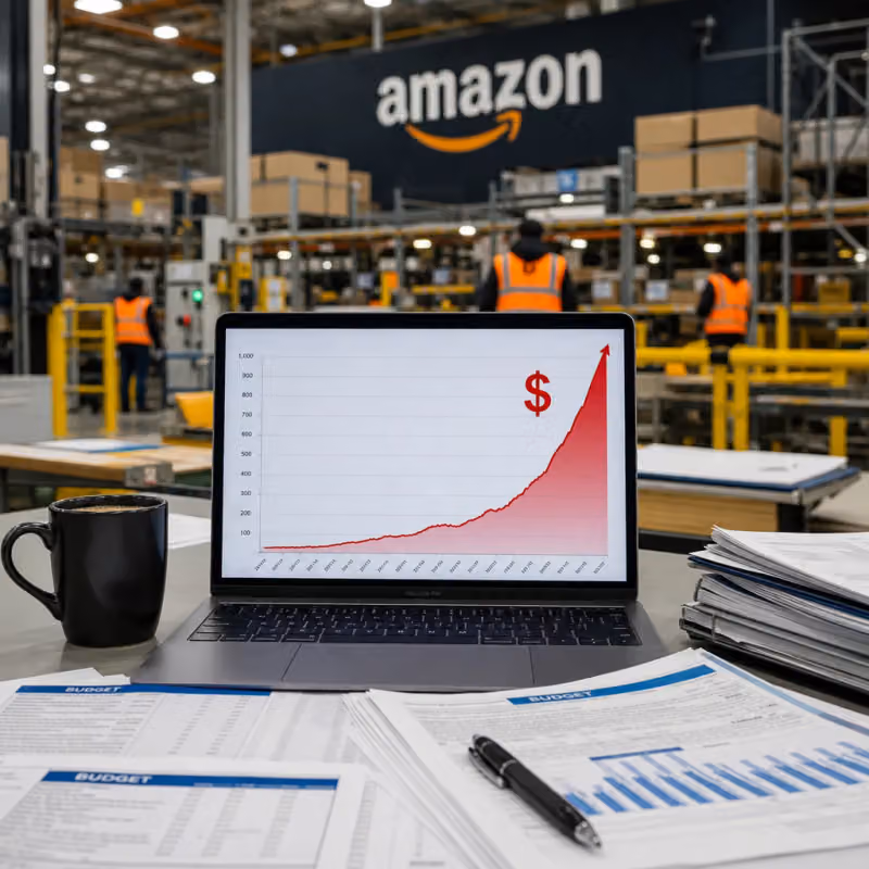 A sharply rising cost chart on a screen in front of an Amazon logistics center symbolizes the budget overruns in Amazon's AI projects.