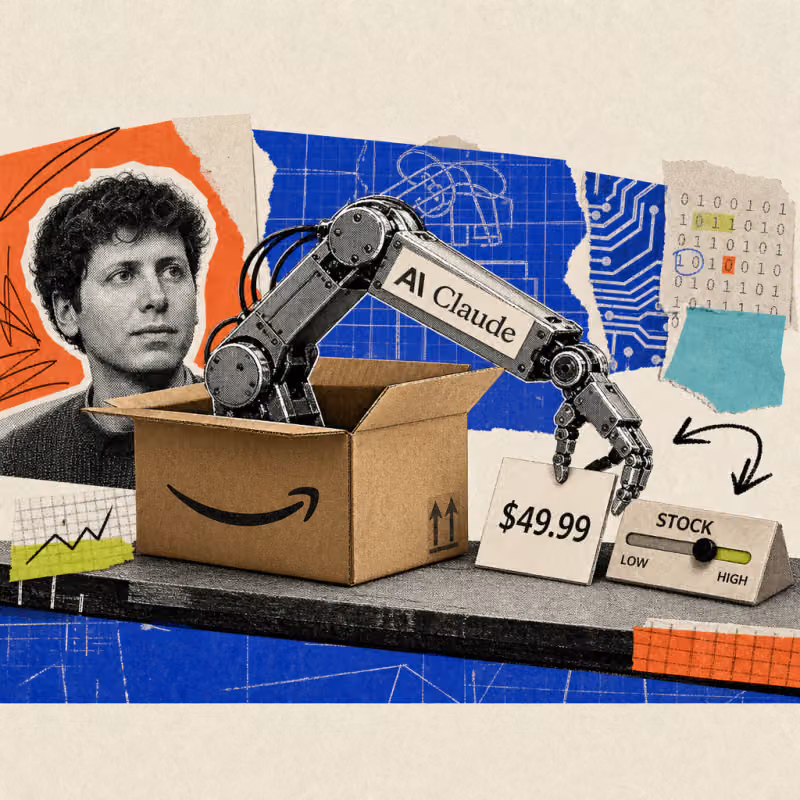 A robotic arm with an Anthropic Claude logo sticker reaches out of an open Amazon shipping box and moves a price tag next to an inventory-level dial.