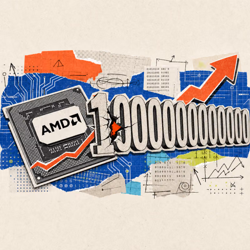 A microchip with an AMD logo sticker, from which a red stock price arrow shoots upwards through a large digit with twelve zeros