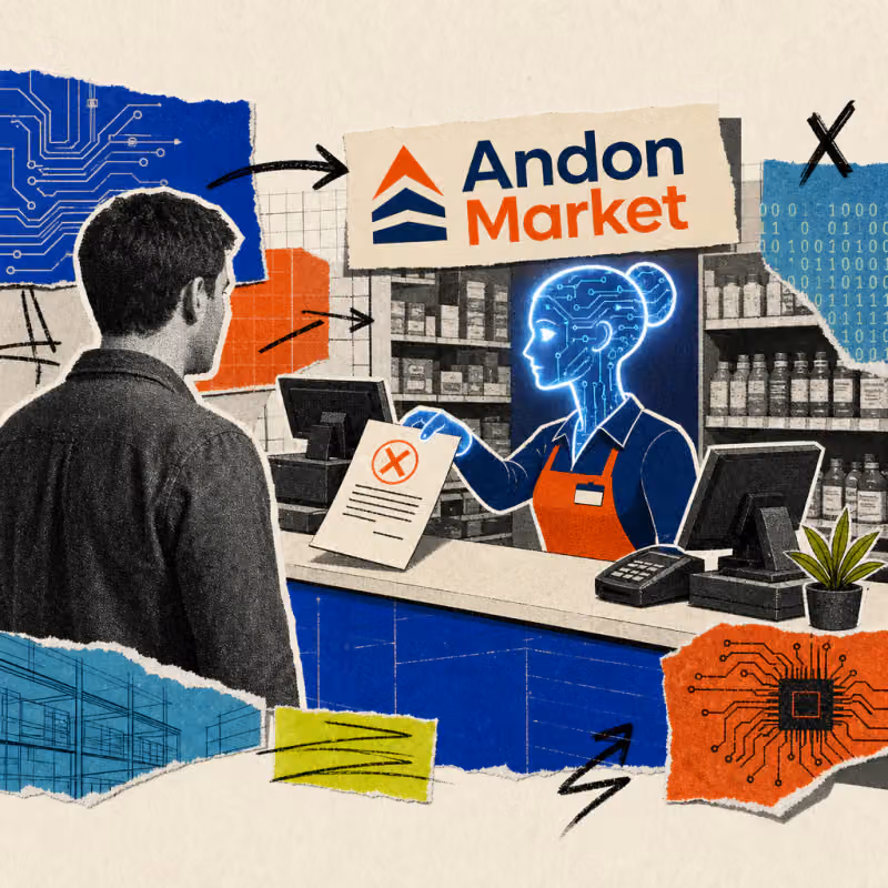 A glowing digital AI head behind the counter of the Andon Market hands an employee a termination letter.