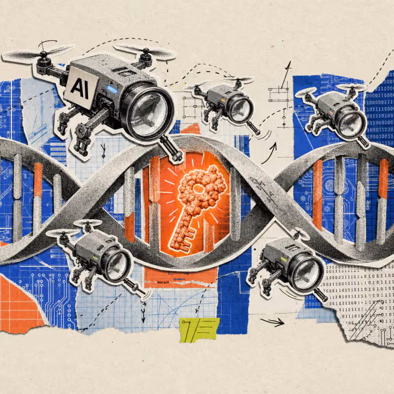 Small magnifying drones with the Anthropic logo search an oversized DNA strand and discover a glowing, key-shaped enzyme within it.