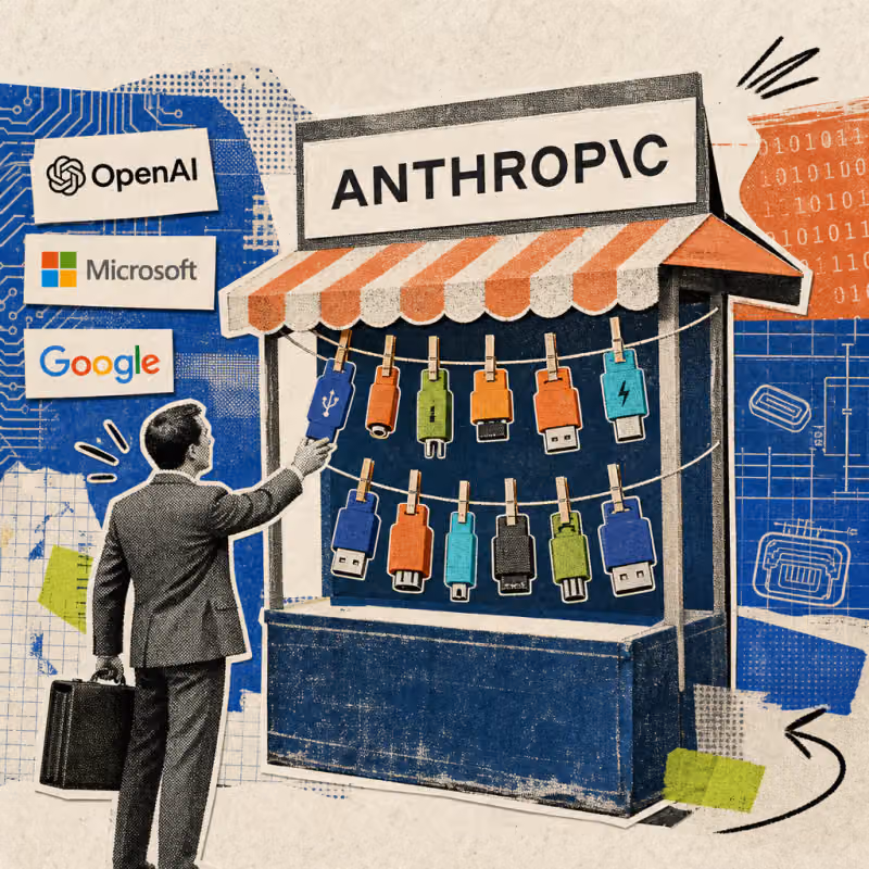 A market stall with the Anthropic logo, where colorful connector symbols hang instead of goods; a figure with a briefcase takes one of the connectors from the stall.
