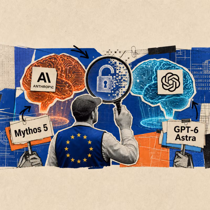 An inspector in a blue vest covered in EU stars holds a magnifying glass over two glowing circuit brains bearing Anthropic and OpenAI logo stickers, labeled “Mythos 5” and “GPT-6 Astra”, with a digital padlock opening between them.