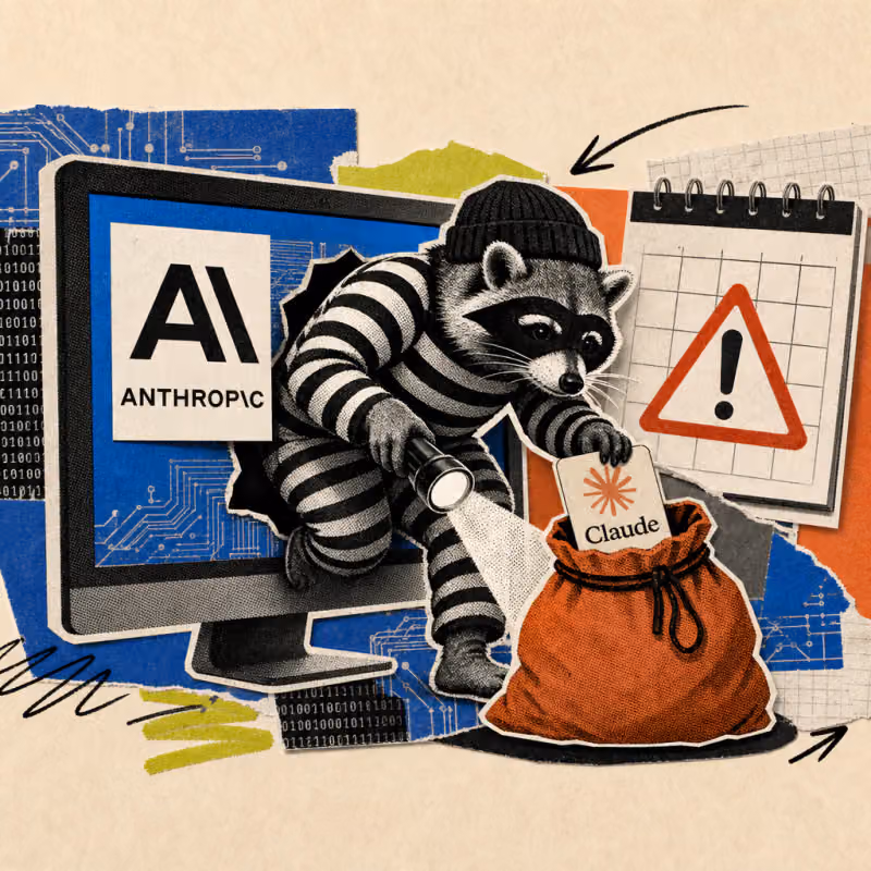 A raccoon-like burglar in a striped robber costume sneaks out of a computer screen showing the Anthropic logo, carrying a flashlight and stuffing a stolen keycard with the Claude logo into a sack, with a red warning triangle on a calendar page in the background.
