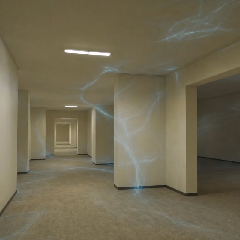 Empty, geometrically structured rooms in Backrooms style with flowing neural patterns representing silent thought processes