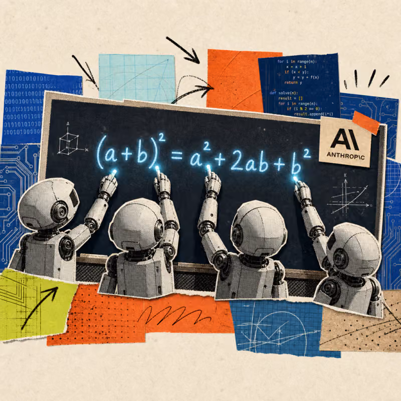 Several robotic hands collaboratively write a mathematical equation with exponents on a blackboard, with lines of code floating in the background, an Anthropic logo stuck to the edge of the blackboard.