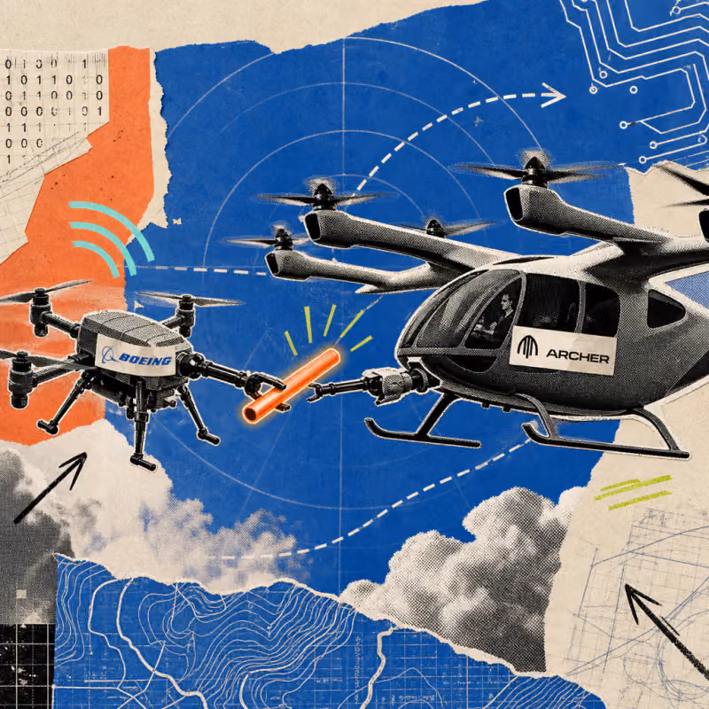 A flying taxi with an Archer logo takes a glowing relay baton in mid-air from a drone with a Boeing logo, surrounded by dashed flight paths and radar circles.