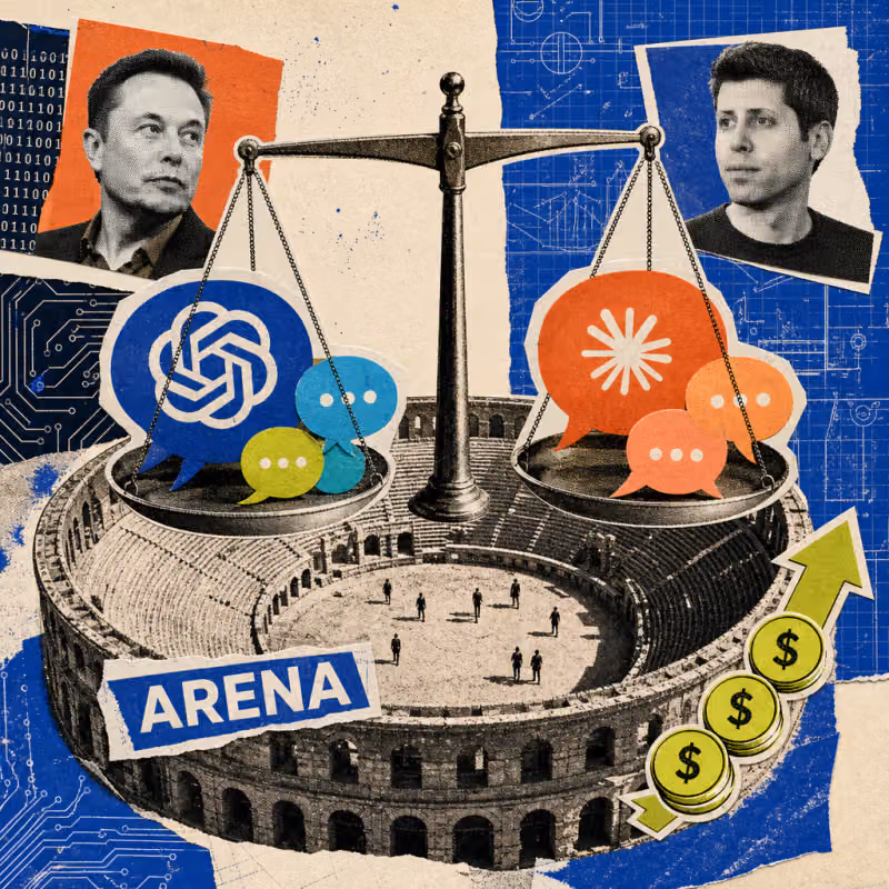 Over an ancient arena, a giant scale balances colorful speech bubbles against each other, a logo sticker reading Arena is affixed to the rim, and an arrow made of dollar coins rises in the background.