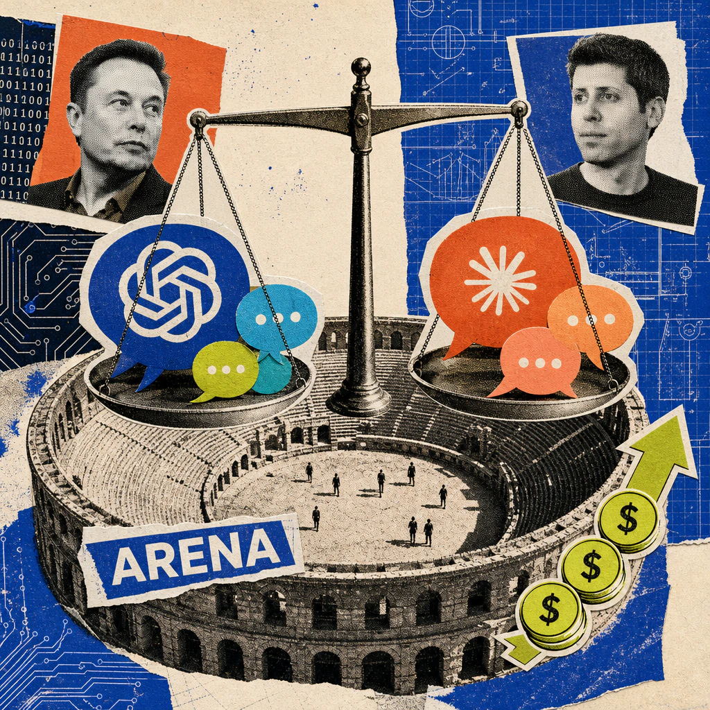 Over an ancient arena, a giant scale balances colorful speech bubbles against each other, a logo sticker reading Arena is affixed to the rim, and an arrow made of dollar coins rises in the background.