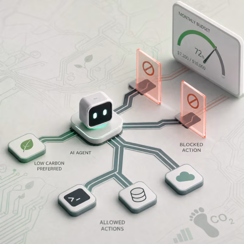 Abstract, geometric motif: a stylized AI agent node with branching action pathways, some blocked by a translucent gate, with faint circuit and leaf motifs and a minimal budget meter in the background.