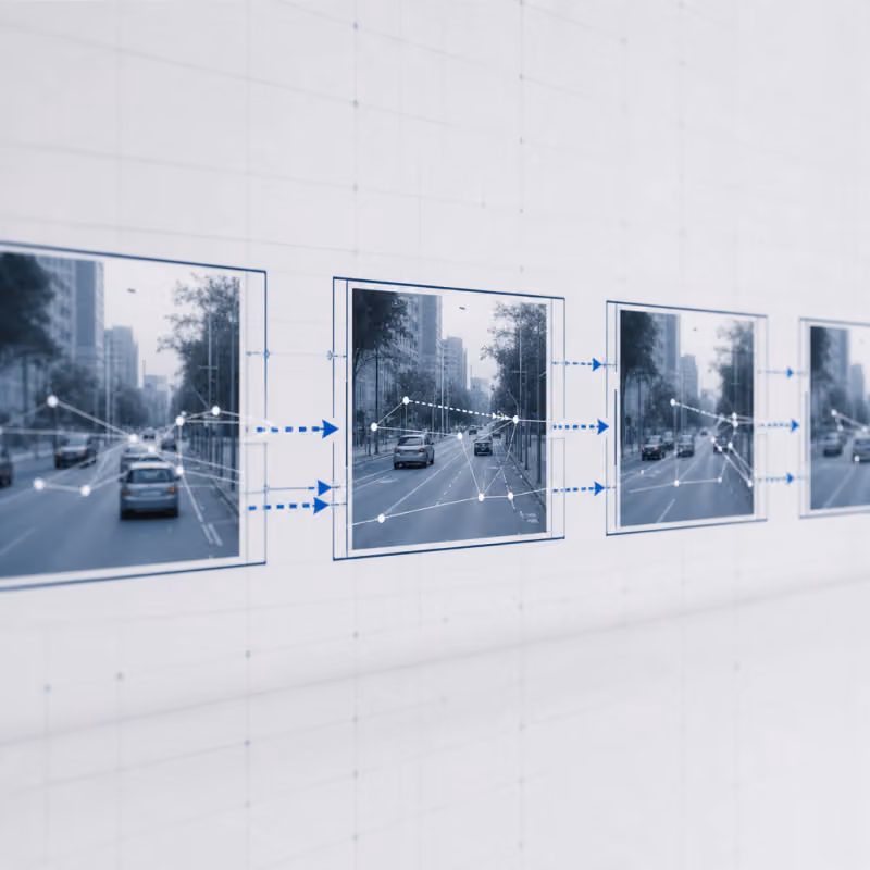 Abstract, geometric motif: a sequence of stylized video frame borders, connected by dynamic arrows and motion vectors symbolizing the flow of time between the images.