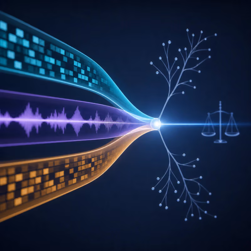 Abstract geometric illustration: three signal streams for text, speech, and video merge into a common decision node