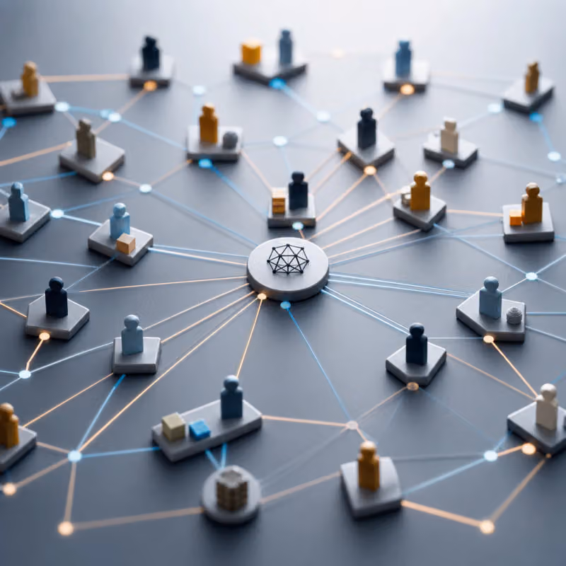 Abstract editorial illustration of a network of geometric nodes representing AI trading agents connected around a central mediator hub