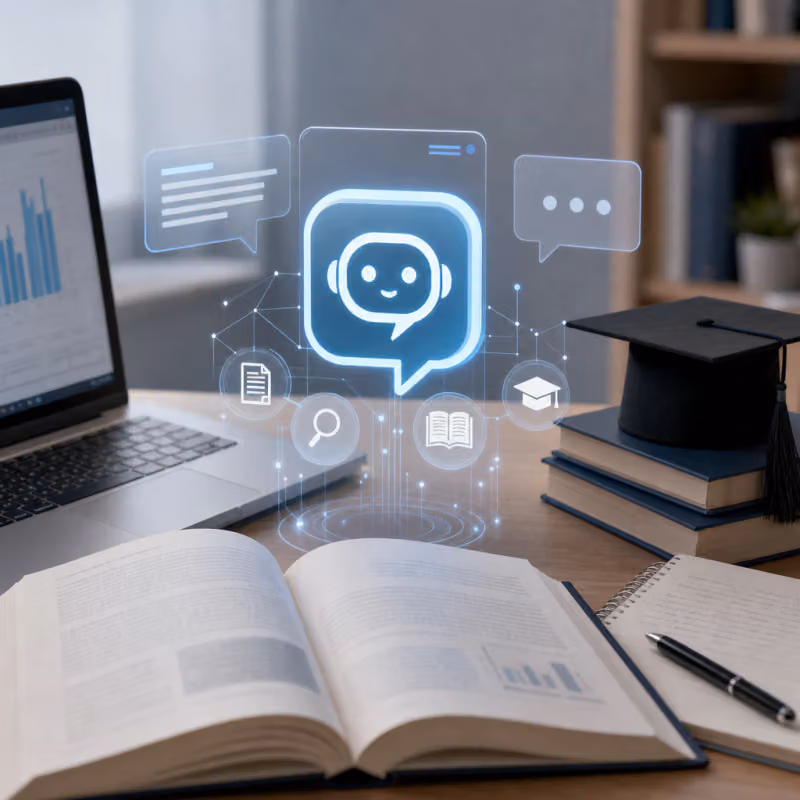 Symbolic illustration: a stylized chat assistant icon surrounded by academic symbols such as a book, doctoral hat, and laptop – a symbol for an AI learning assistant in higher education