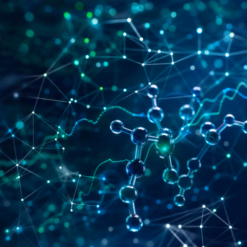 Abstract geometric illustration of a knowledge graph with molecular patterns in blue and turquoise tones