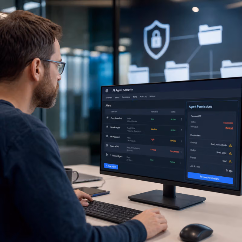 An IT security manager reviews an office dashboard showing access rights and alerts for AI agents