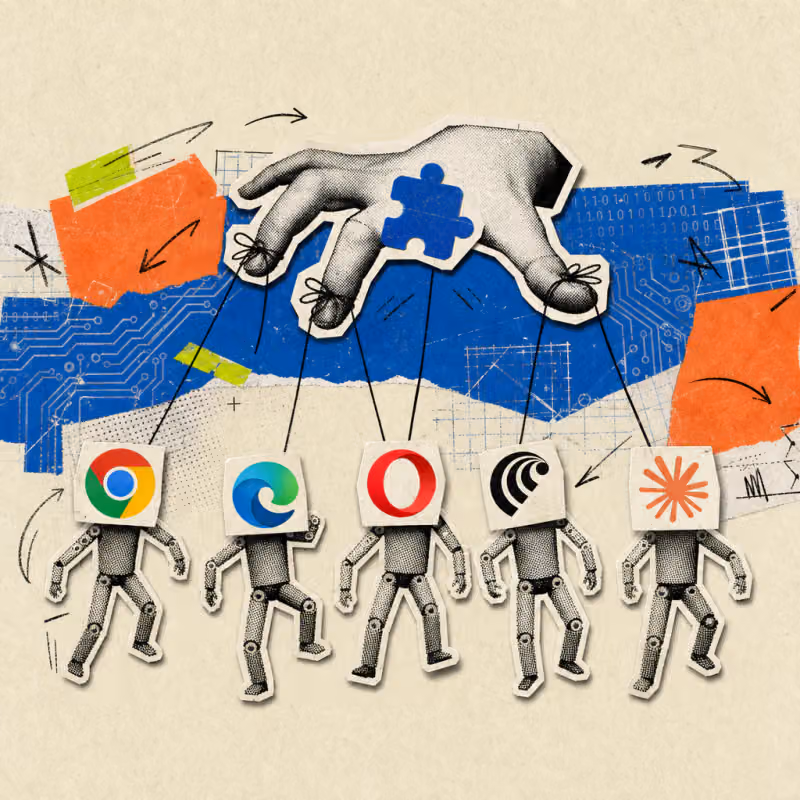 A hand shaped like a browser extension icon pulls strings connected to five puppets bearing the logos of Chrome, Edge, Opera, Perplexity Comet, and Claude.