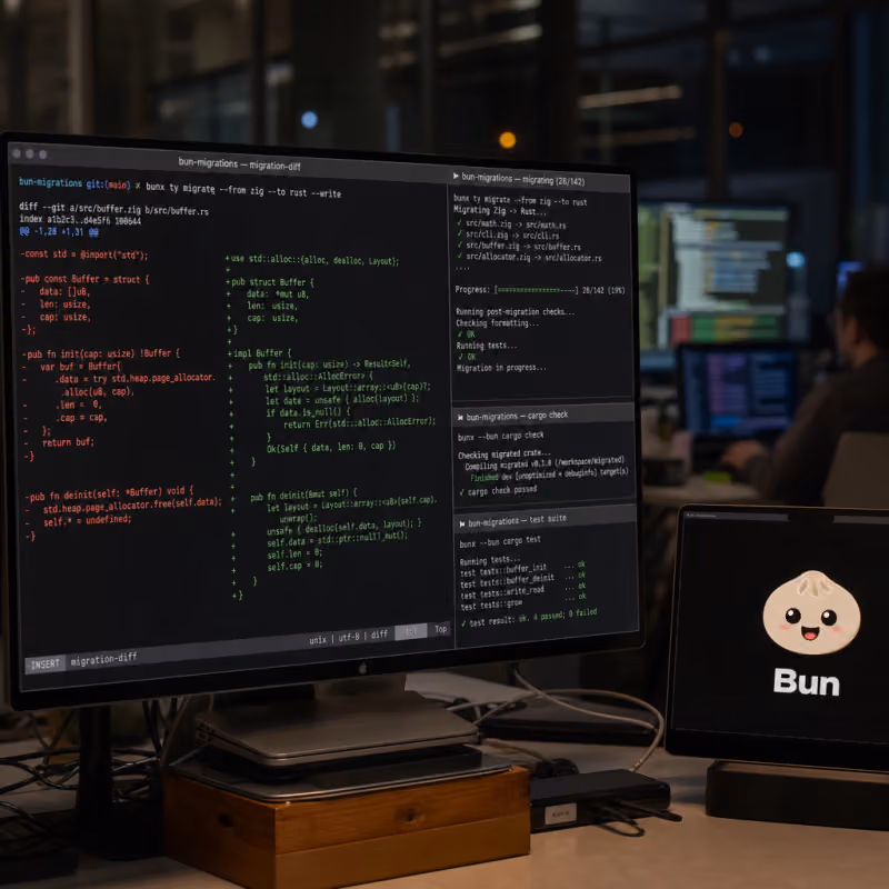 Developer workstation with multiple screens showing parallel terminals during the migration of Bun's source code from Zig to Rust.