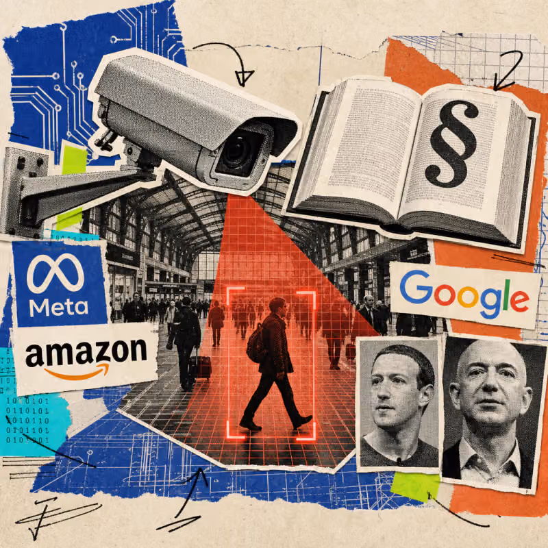 Illustration of a surveillance camera with a red scan grid over a train station hall, marking a walking person like a passport-photo frame, next to an open law book with a paragraph symbol
