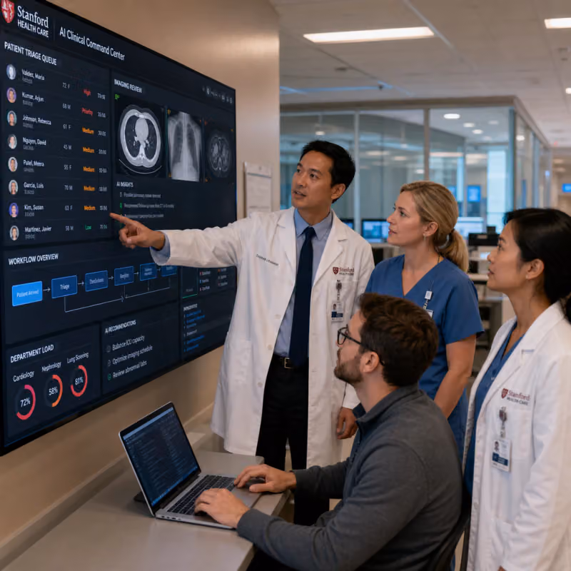 Doctor and data team look together at an AI dashboard with patient waitlists and imaging findings in a US hospital corridor